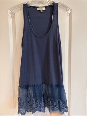 Umgee Navy Ribbed Tank with Embroidered Lace Hem Sz M